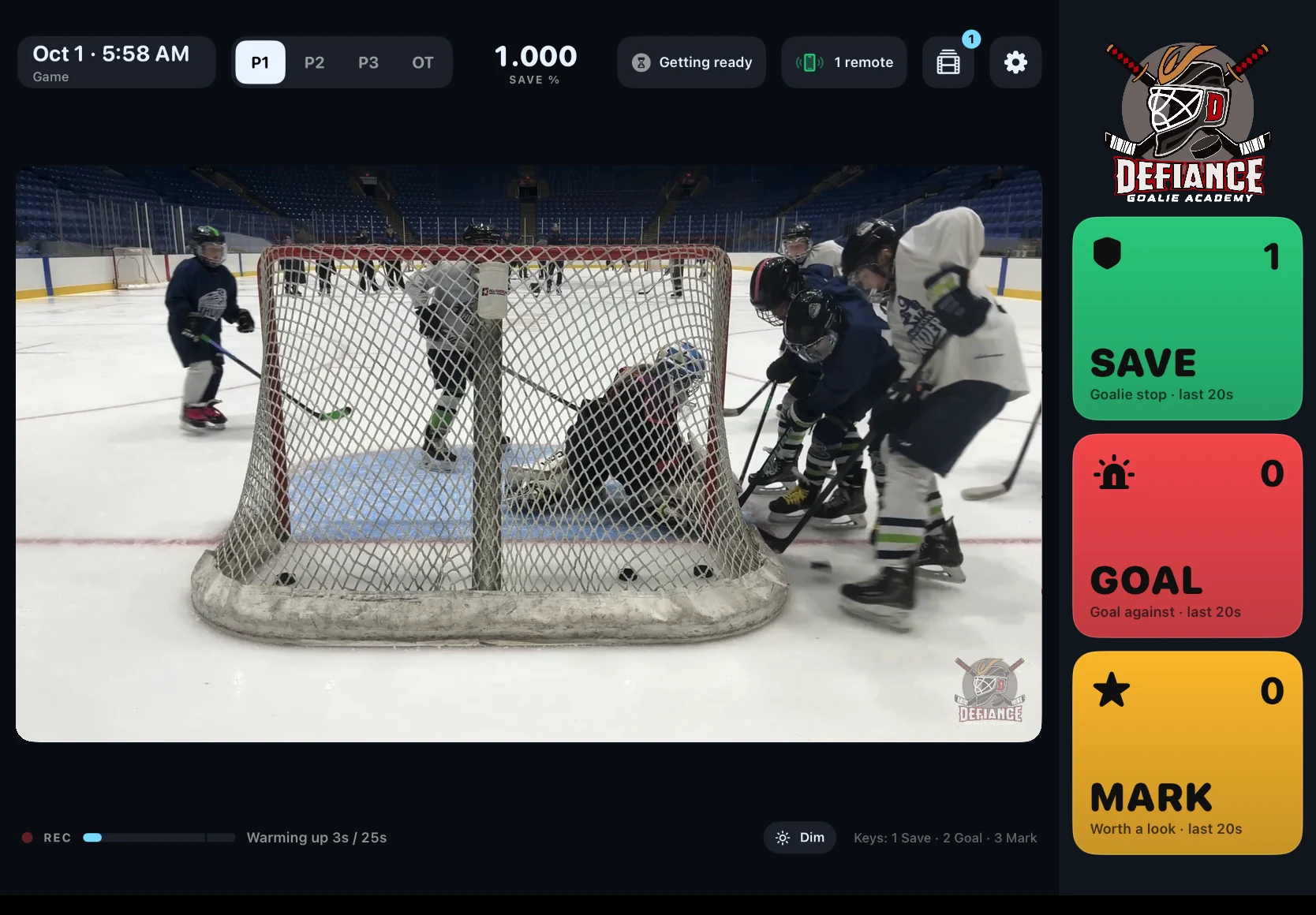 Landscape CreaseCam iPad screen with the supplied rink capture in its live view and Save, Goal and Mark controls